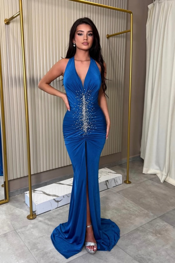 Royal Blue Halter V-Neck Split Beaded Prom Dress ssr0578