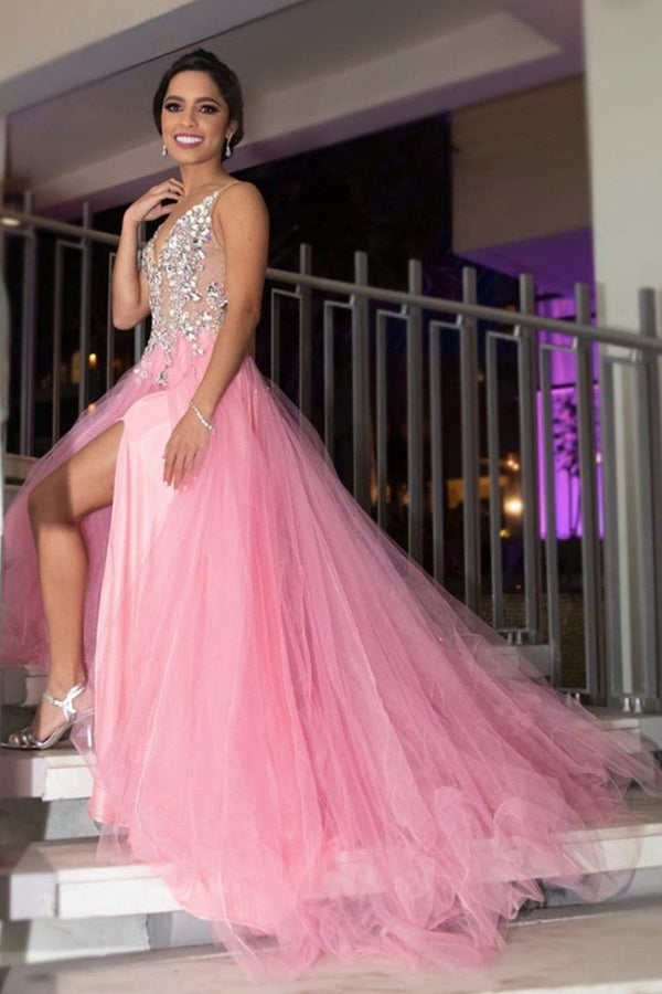 SSR0437,A Line V Neck Sequins Beaded Pink Prom Dresses with Slit Beaded Pink Formal Dresses Pink Evening Dresses