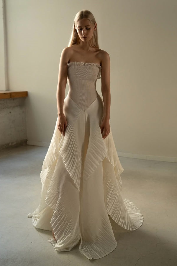 Chic Beige Pleated Strapless Contrast Color Stitching Prom Dress ssr0609