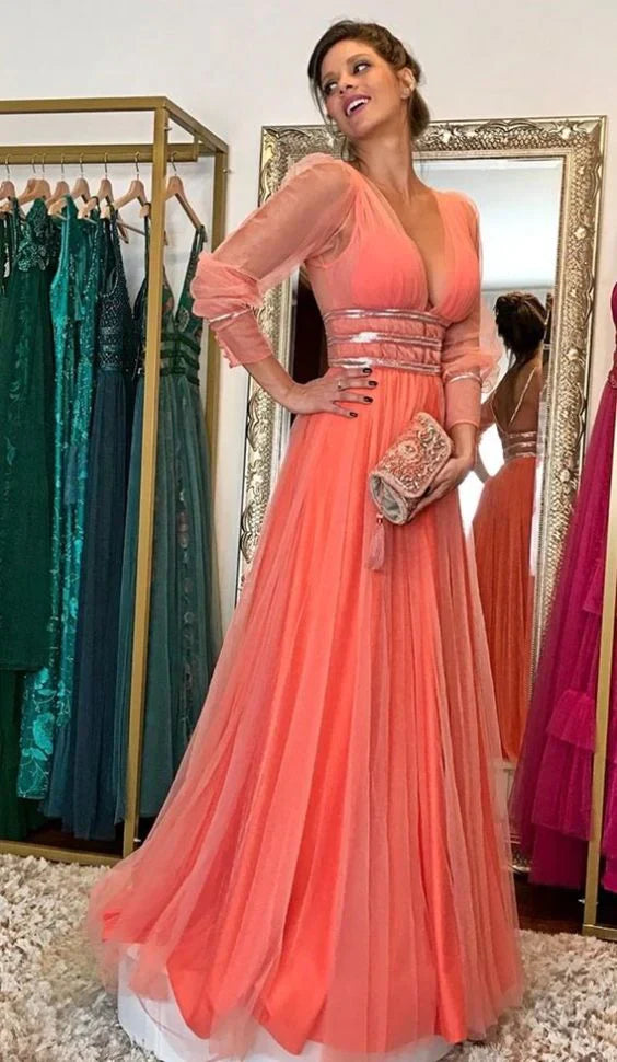 SSR1228,Coral A-Line Prom Dresses,Tulle V-Neck Evening Gown