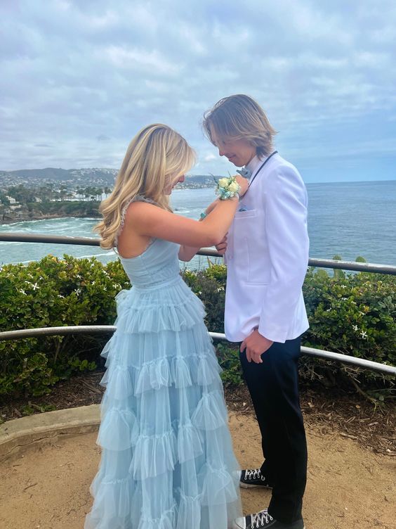 SSR1231,Sweet Baby Blue Tulle A-Line Prom Evening Dresses,Ruffles Fashion Prom Dresses Long