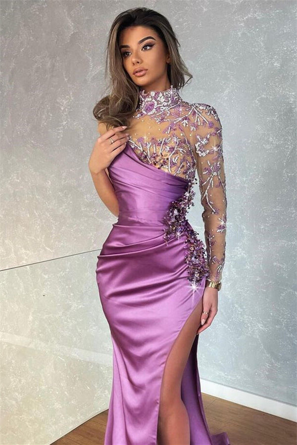 Dark Purple Split Appliques Mermaid High Collar Evening Dress With Beadings ED0346