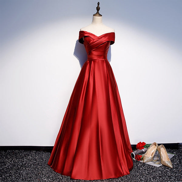 SSR0310,Off the shoulder a line prom dress satin red prom dresses