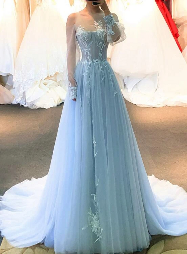 SSR0992,Baby blue tulle prom dresses applique a-line evening formal dress