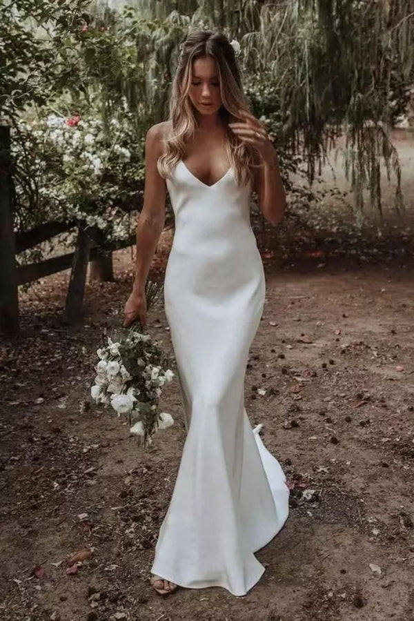 SSR0394,Simple Ivory Wedding Dresses Spaghetti Straps Bridal Gown Satin Long Wedding Dress