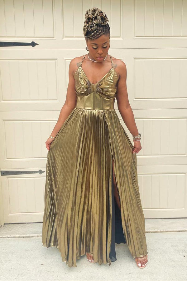 Gold Metallic Pleated A-line Long Prom Dress