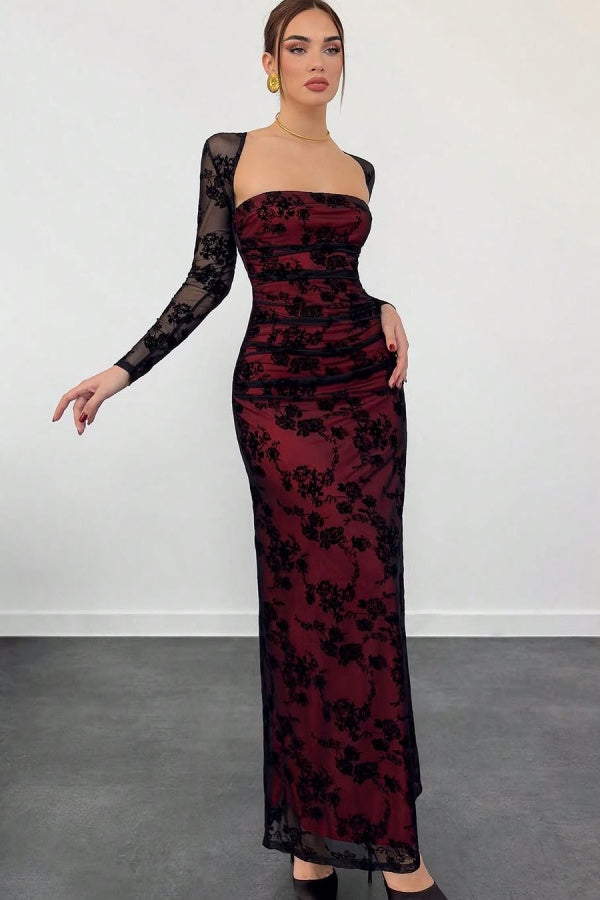 Red Lining Slim Fit Black Lace Long Sleeves Prom Dress ssr0491