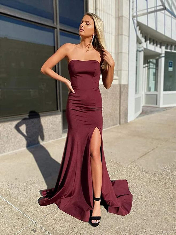 SSR0740,Burgundy strapless satin prom dresses satin long evening party dress