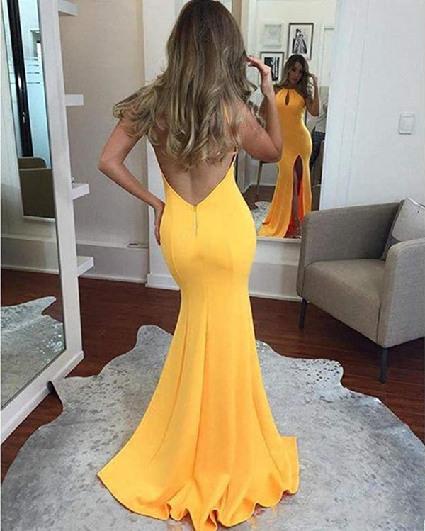 SSR0412,Yellow mermaid satin long prom dress backless sexy prom dresses
