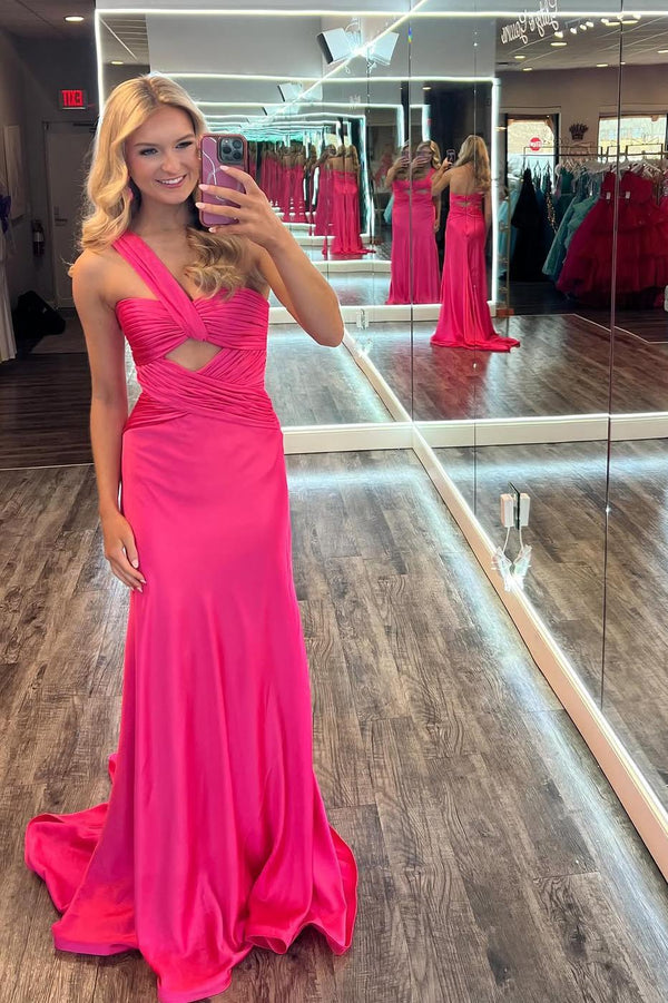 One Shoulder Hot Pink Ruched Keyhole Fitted Prom Dress