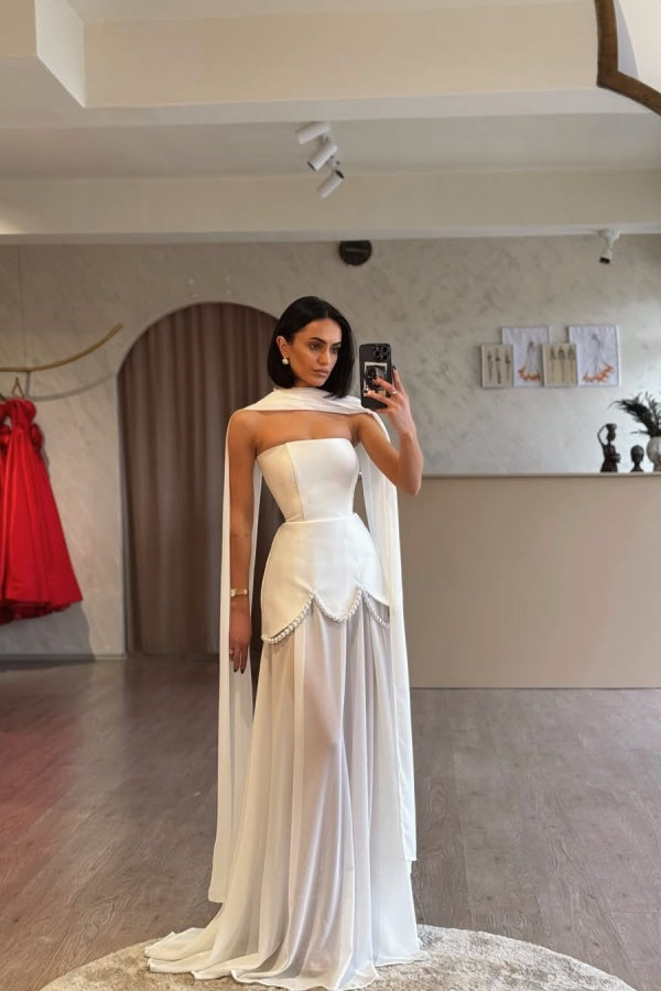 Ivory Strapless Pearls Spliced Prom Dress ssr0685