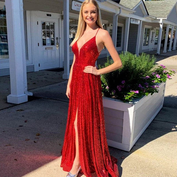SSR0361,Red sequin dress split prom dress long evening dresses