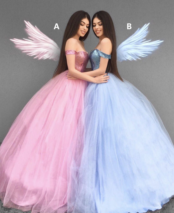 SSR01001,Princess off the shoulder prom dresses sweet 16 dress pink/blue evening prom dress