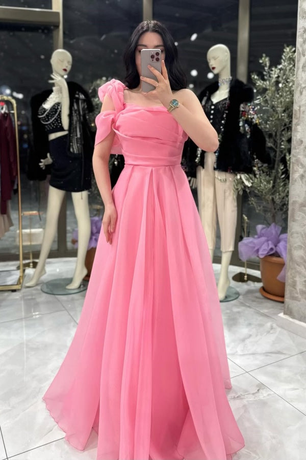Pink One-Shoulder A-Line Pleated Prom Dress ssr0632