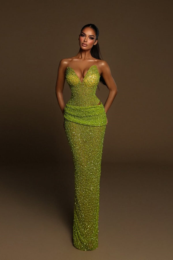 Luxurious Green Beaded Pearls Sheath Prom Dress ssr0662
