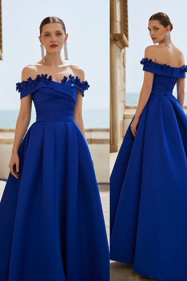 Royal Blue Off-The-Shoulder Elegant Flowers Prom Dress ssr0276