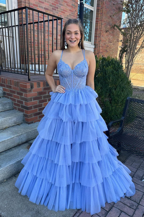 Straps Blue Appliques Tiered Ruffle Long Formal Dress