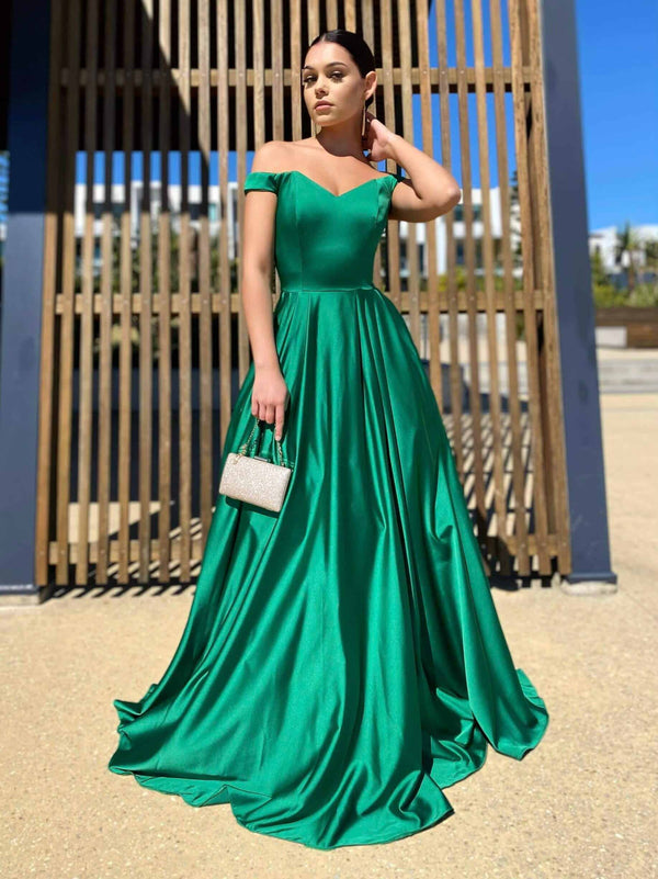 Off The Shoulder Green A-Line Satin Prom Dress