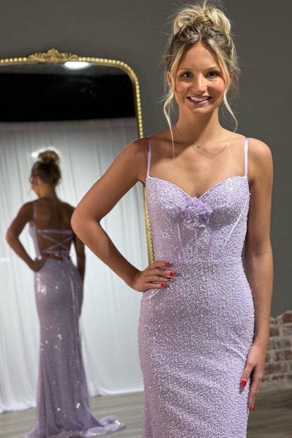 Lilac Beaded Spaghetti-Straps Mermaid Prom Dress ssr0504