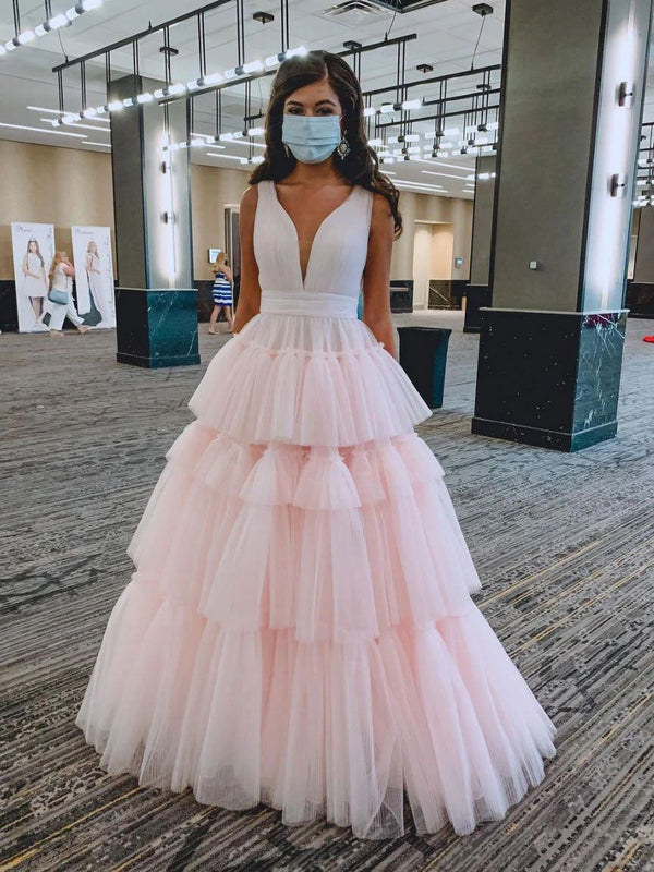 SSR1037,Princess light pink tulle prom dresses,v-neck evening dress