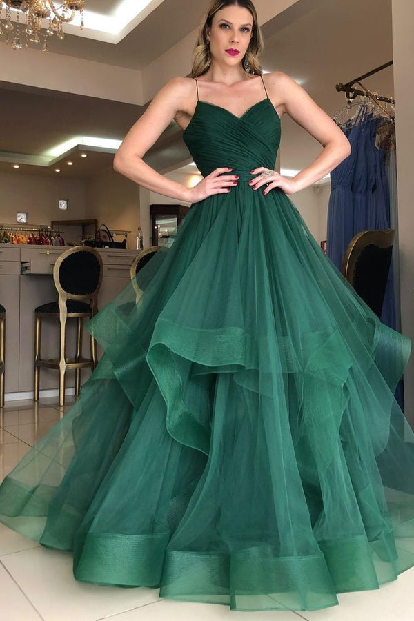 SSR1183,Emerald Green Tulle Prom Dresses,Ruffles A-Line Birthday Gown
