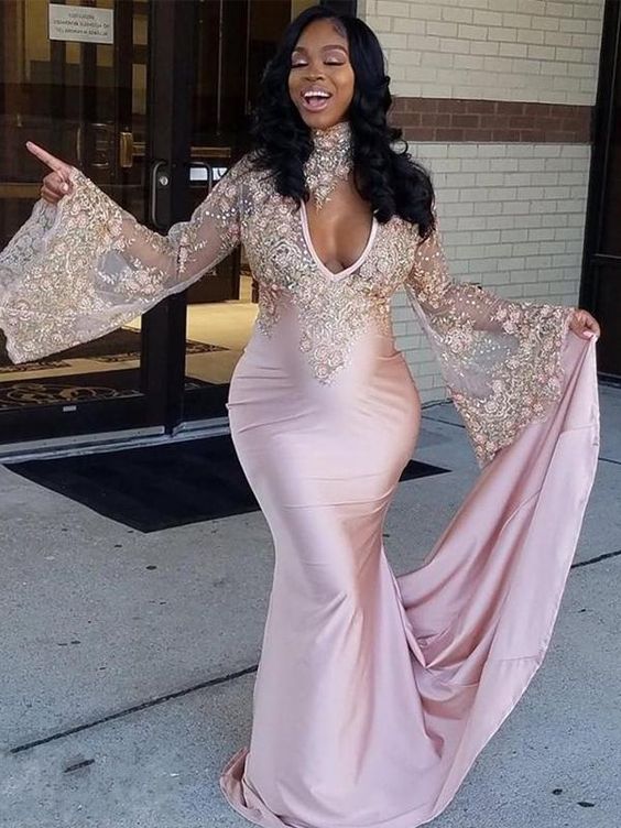 SSR0159,Deep V Neck Blushing Pink Long Sleeve Appliques Lace Sheer Mermaid Satin Prom Dresses
