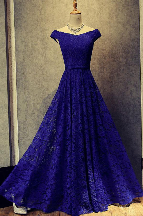SSR0369,Blue off the shoulder lace prom dresses a line evening dress