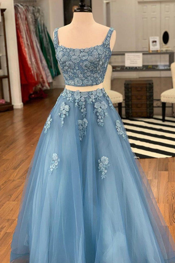 SSR1004,Blue prom dresses applique tulle a-line evening formal dress