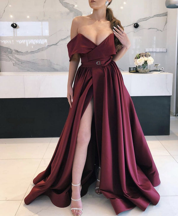 SSR0988,Off the shoulder burgundy prom dresses side slit evening prom dress satin formal gown