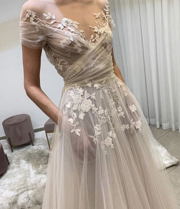 SSR0927,Light champagne tulle lace long prom dress, lace evening dress