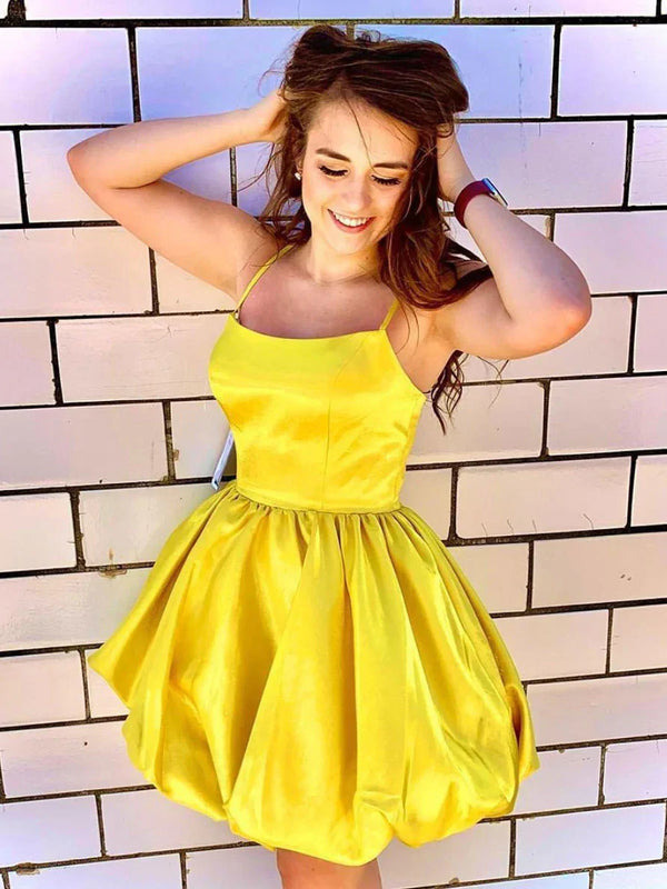 SSR1427,Simple Yellow Satin Homecoming Dresses Spaghetti Straps Graduation Dress