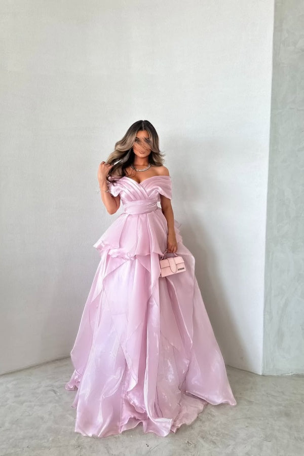 Pink Off-The-Shoulder Mesh Pleated Prom Dress ssr0478