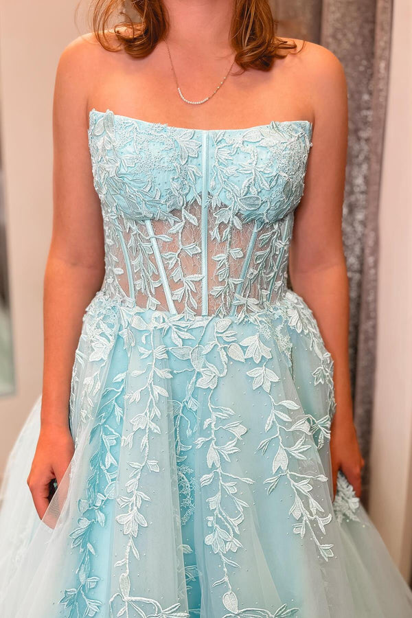 Strapless Light Blue Lace Appliques Long Formal Dress