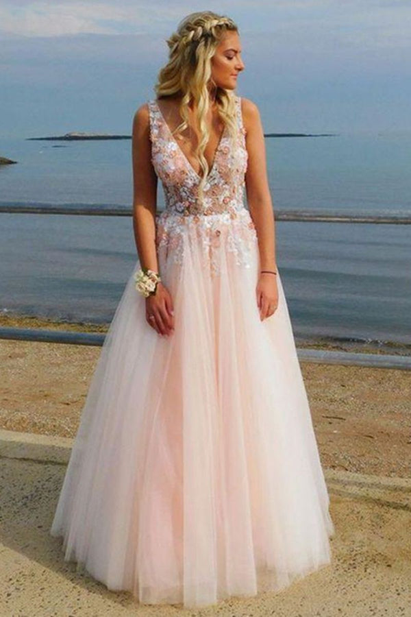 SSR0132,Princess pink tulle v neck applique prom evening dress