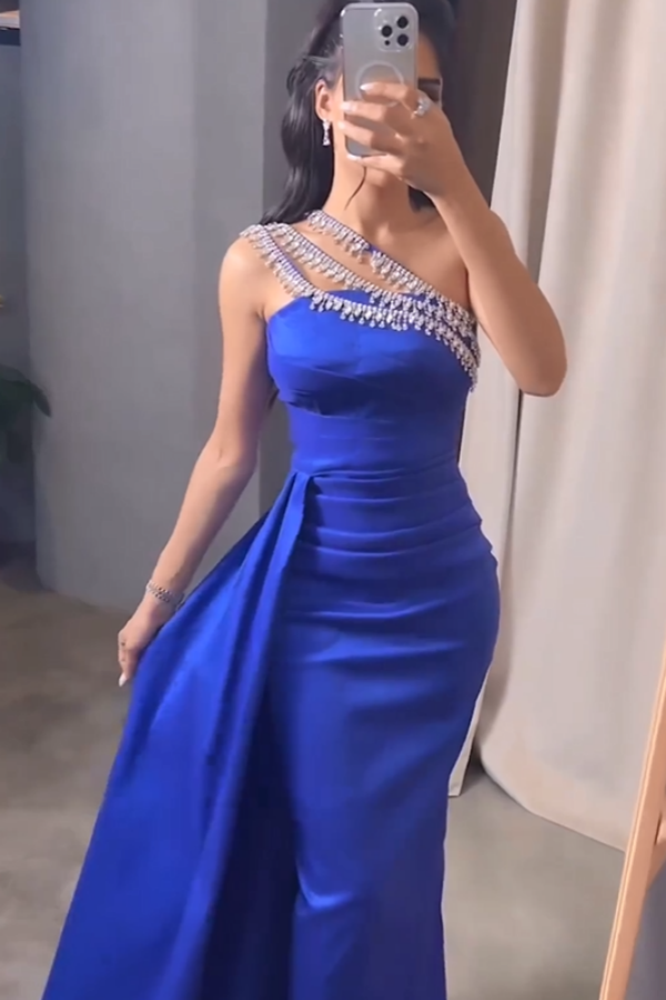 Royal Blue One-Shoulder Beaded Prom Dress With Side Trail ssr0193