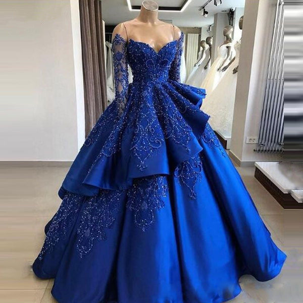 SSR0599,Charming royal blue prom dresses beaded long sleeves sweet 16 ball gown