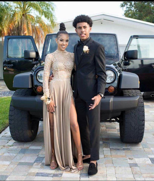 SSR0343,Champagne high neck long sleeves prom dresses lace prom evening dress with sexy split