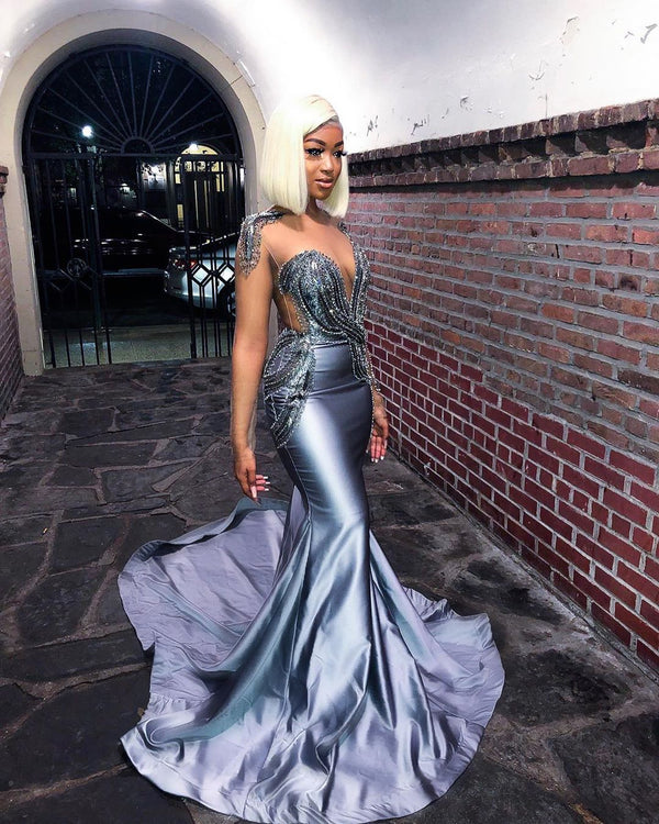 SSR0589,Grey Mermaid Long Prom Dresses Beaded Evening Party Gown