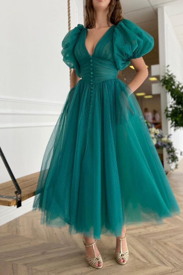 Dark Green V-Neck Evening Dress A-line With Short Sleeves On Sale ED0323