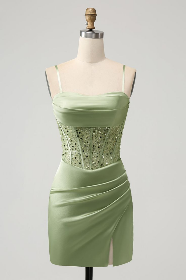 Elegant Sage Green Homecoming Dress Spaghetti Strap Patchwork Sequins Bodycon HC0030