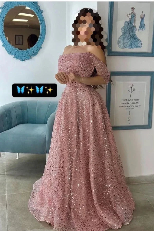 Luxurious Pink Off-The-Shoulder Sequins Prom Dress ssr0513