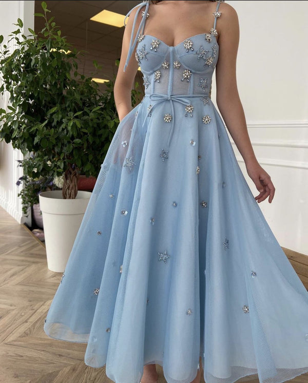 SSR0588,Light Blue A-Line Prom Dresses Spaghetti Straps Long Evening Formal Gown