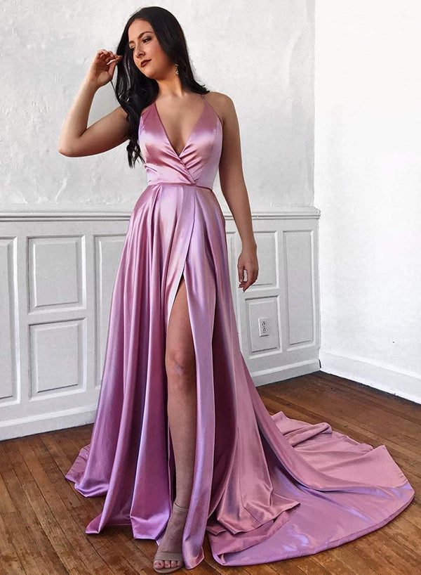 SSR0414,Discount Pink Satin Evening Dresses V-neck Long Prom Dresses Long Slit Prom Evening Dress