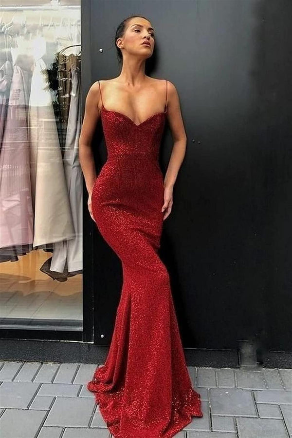 SSR0176,Burgundy Spaghetti Straps Mermaid Long Prom Dresses