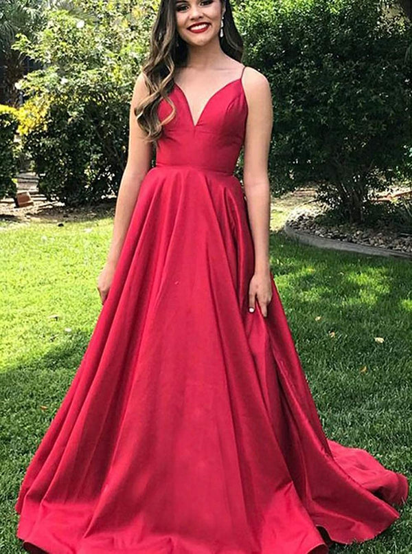 SSR0327,Red Spaghetti Straps V-Neck Long Prom Dresses Ball Gown Simple Winter Party Dress