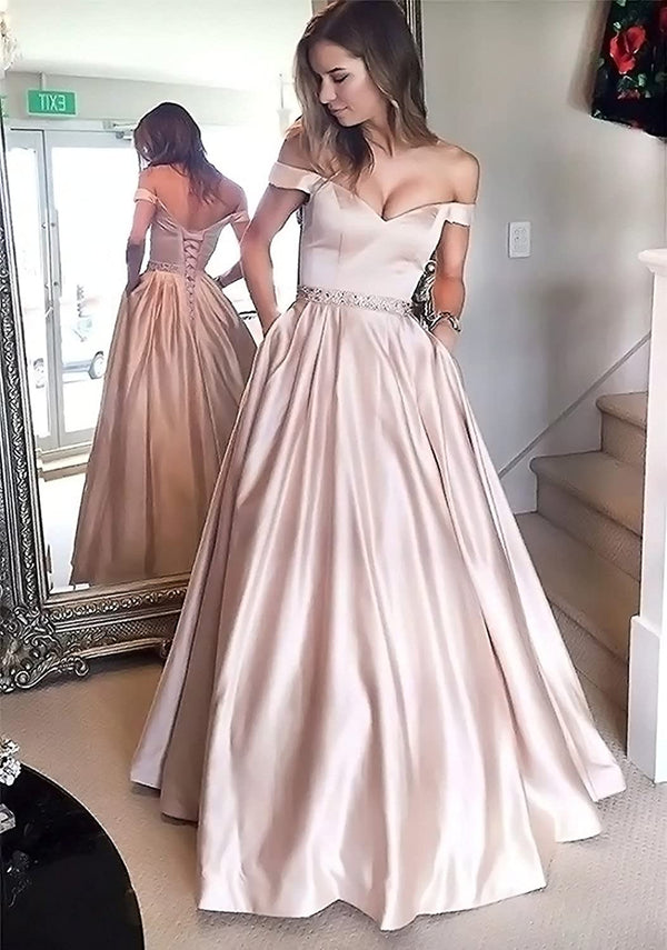 SSR0318,Off the shoulder pink satin prom dresses beaded long evening dress