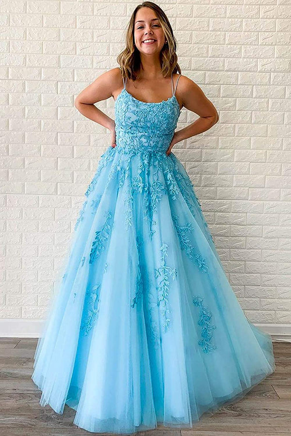SSR0686,Charming lace tulle prom dress applique cross back long evening formal gown