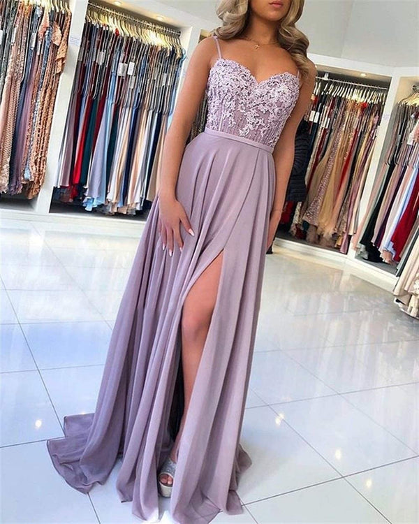 SSR0115,Pink spaghetti straps lace top chiffon skirt long prom dress