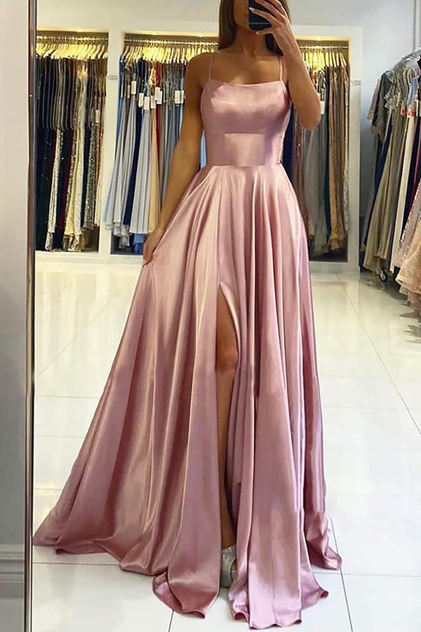 SSR0041,Spaghetti Straps Pink Satin Prom Dress, Cross Back Long Party Gown