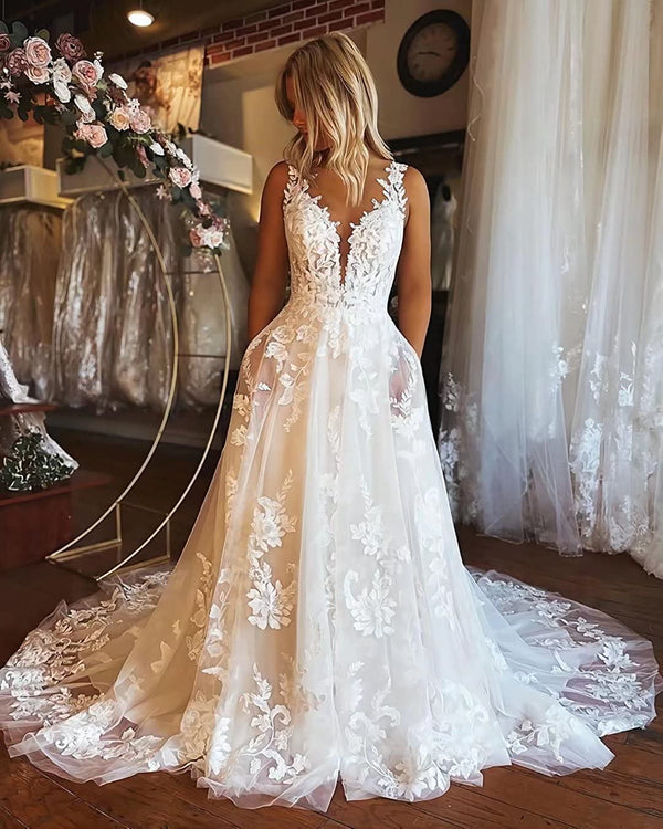 SSR1203,Amazing V-Neck White Lace Wedding Gown A-Line Tulle Wedding Dresses Long Bridal Dress